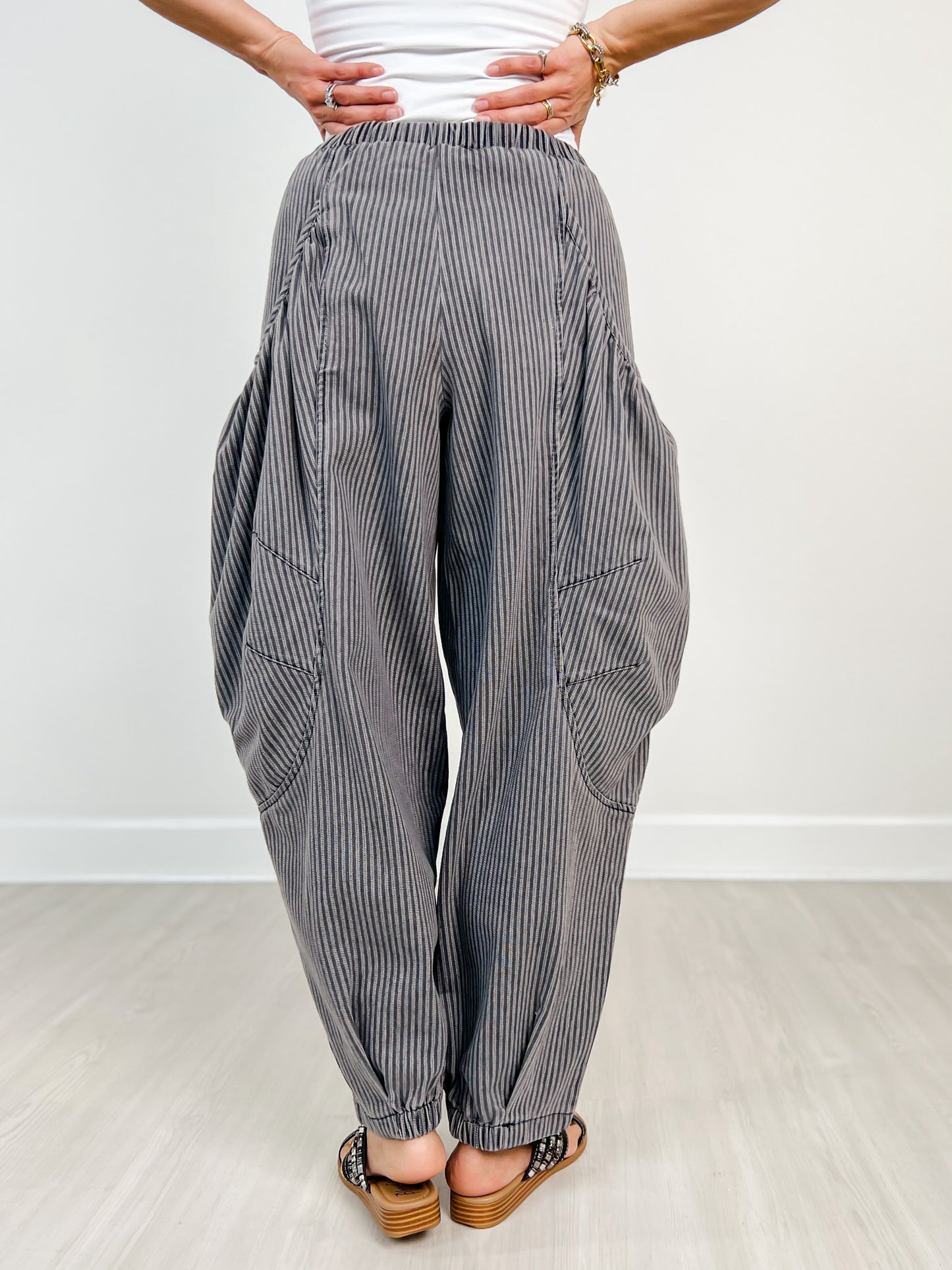 Striped Denim Draped Barrel Jogger Pants