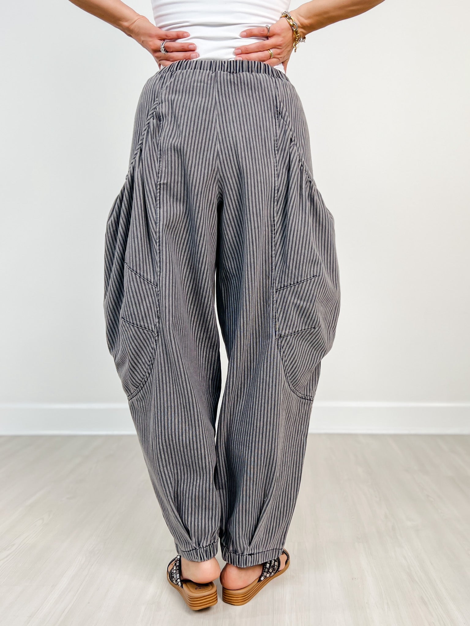 Striped Denim Draped Barrel Jogger Pants