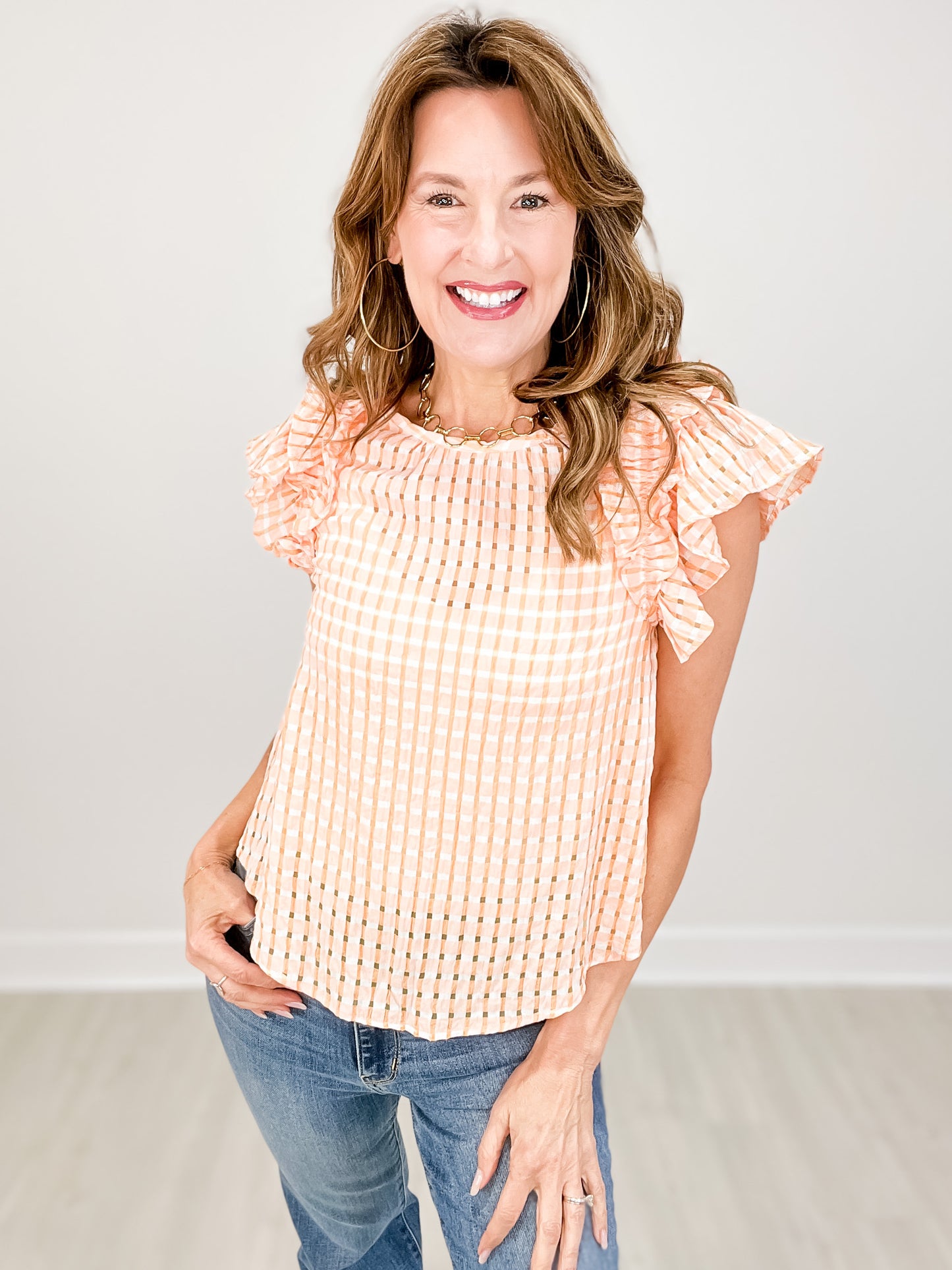 Layer Ruffle Sleeve Plaid Flannel Woven Top