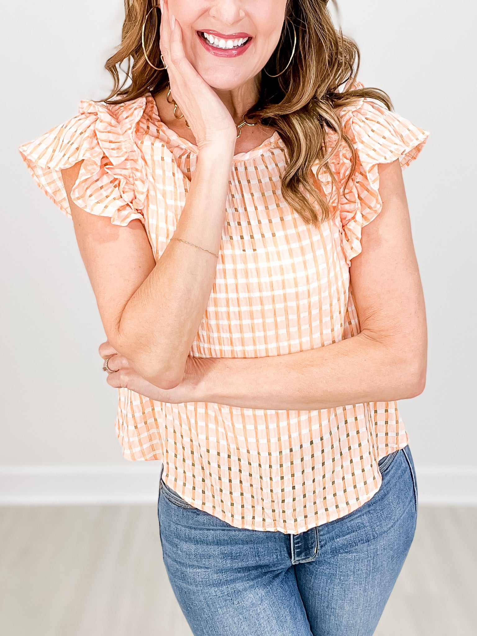Layer Ruffle Sleeve Plaid Flannel Woven Top