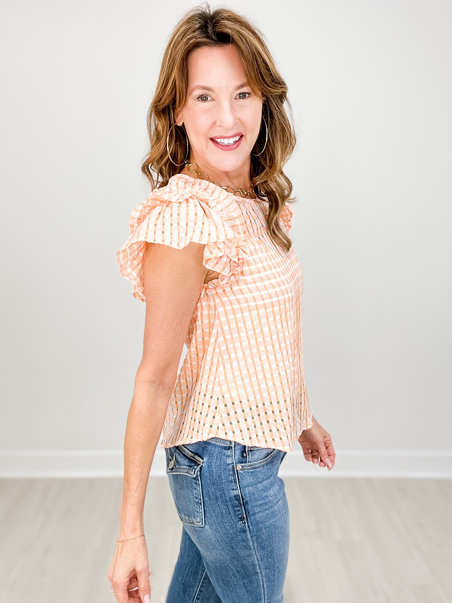 Layer Ruffle Sleeve Plaid Flannel Woven Top