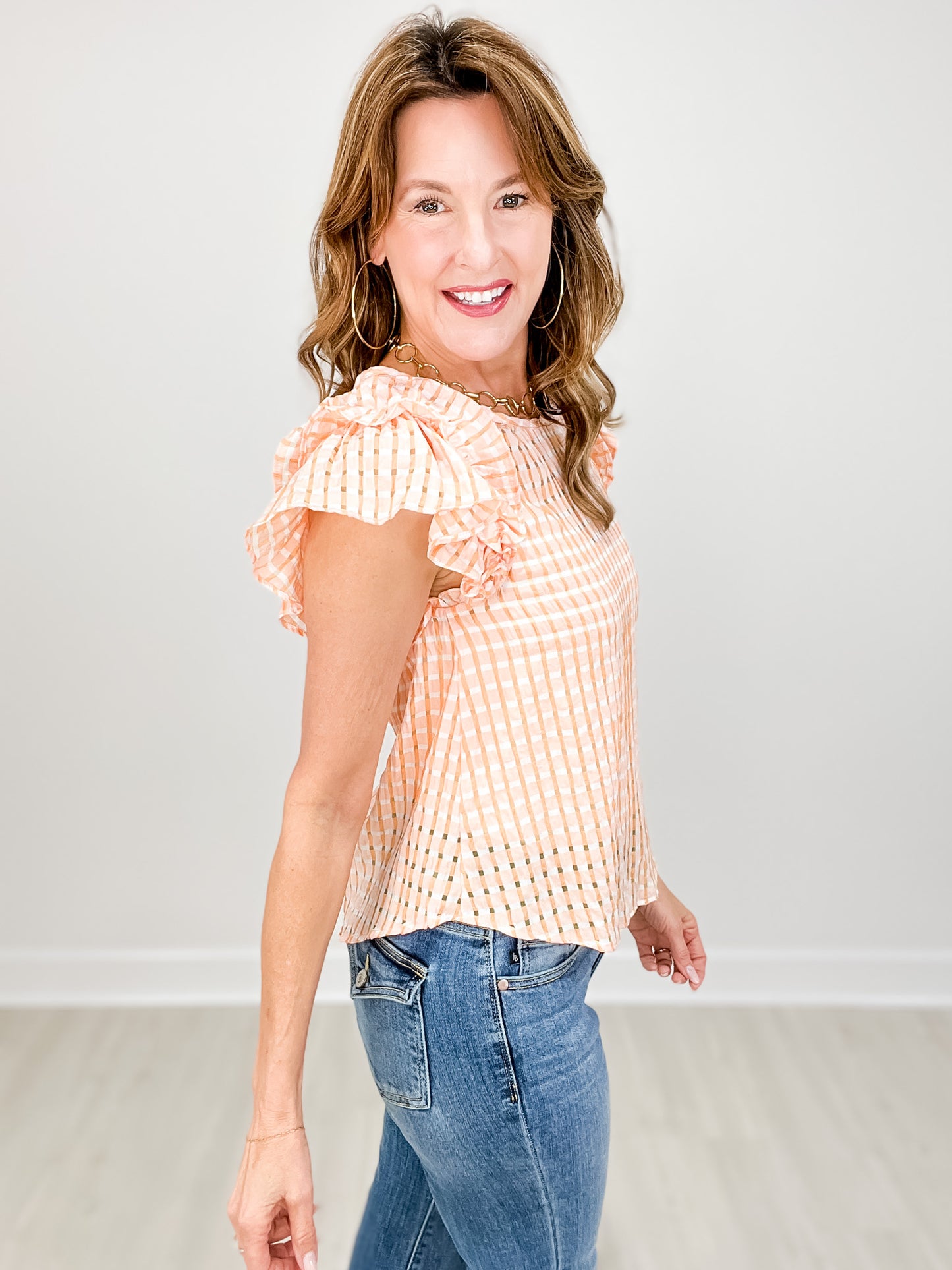 Layer Ruffle Sleeve Plaid Flannel Woven Top