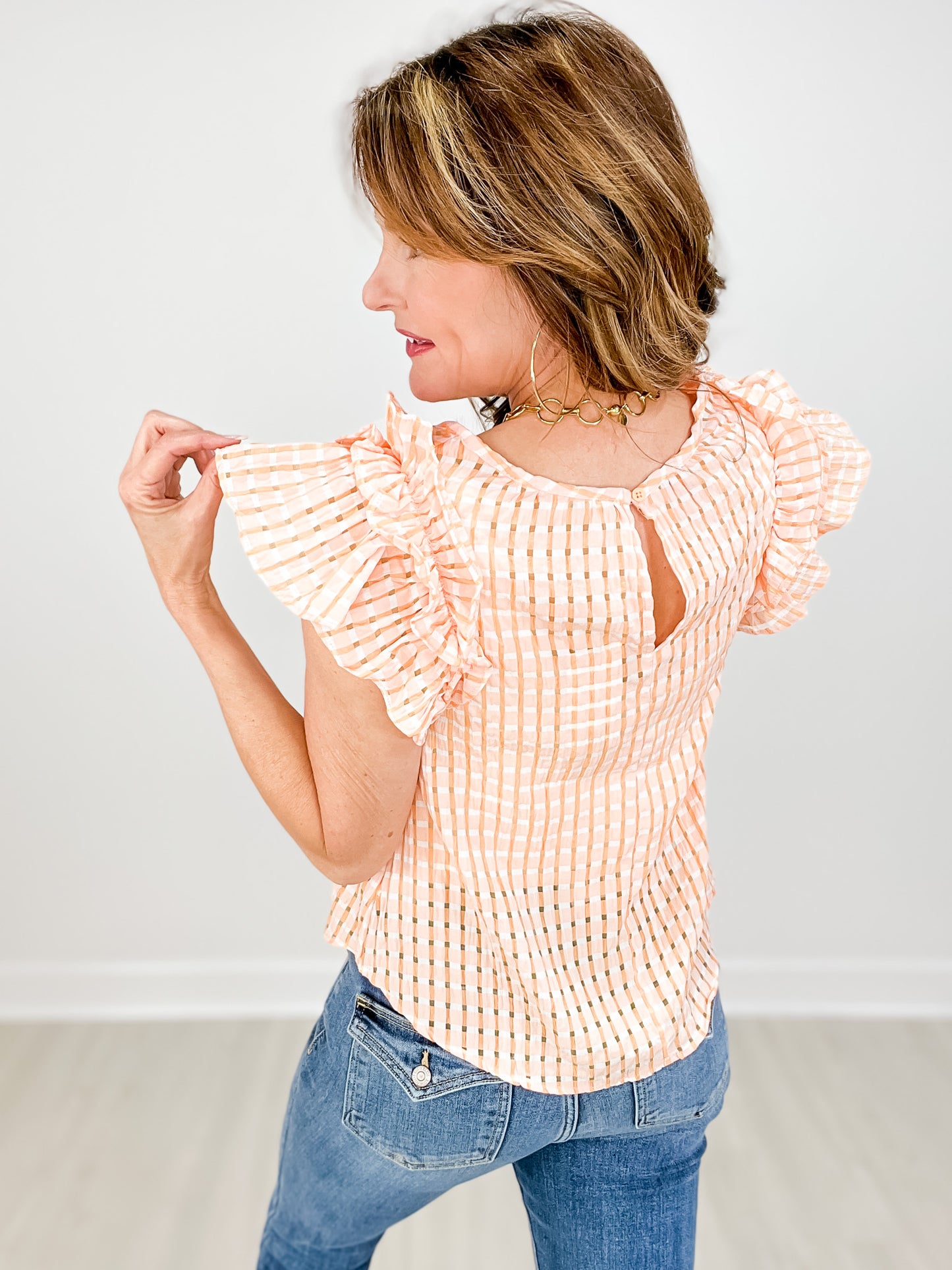 Layer Ruffle Sleeve Plaid Flannel Woven Top