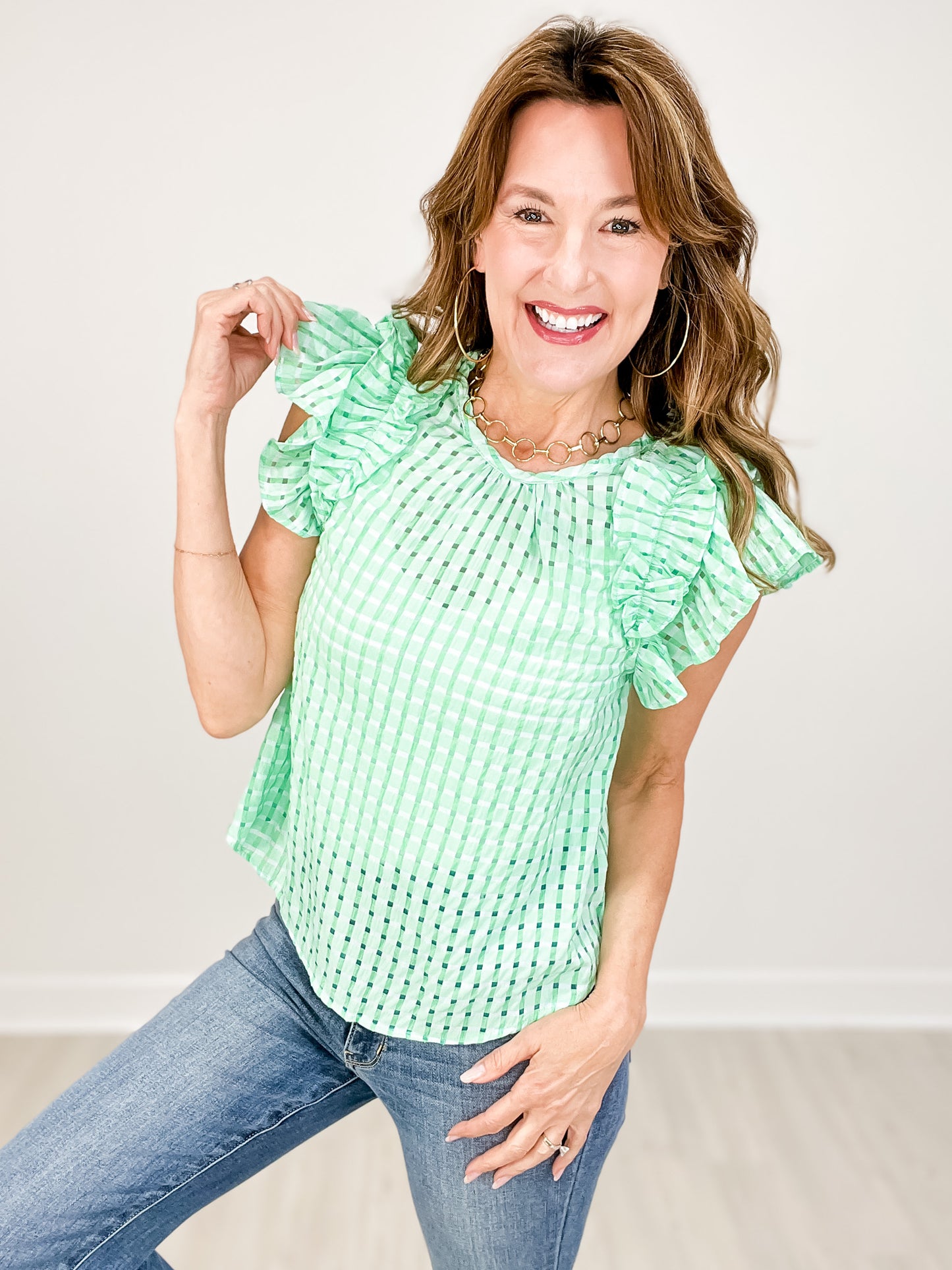 Layer Ruffle Sleeve Plaid Flannel Woven Top