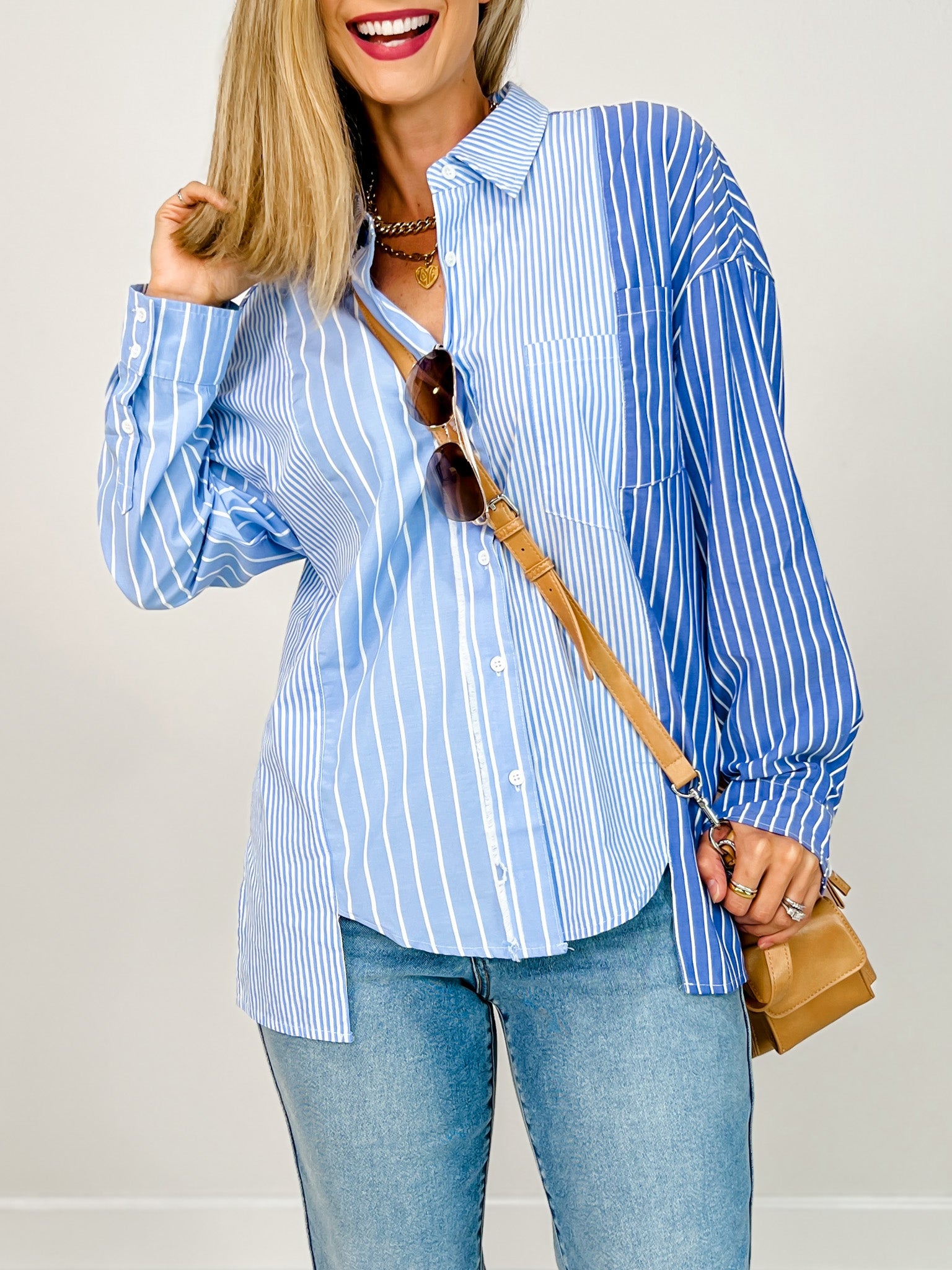 Long Sleeve Two-Tone Stripe Button-Up Top