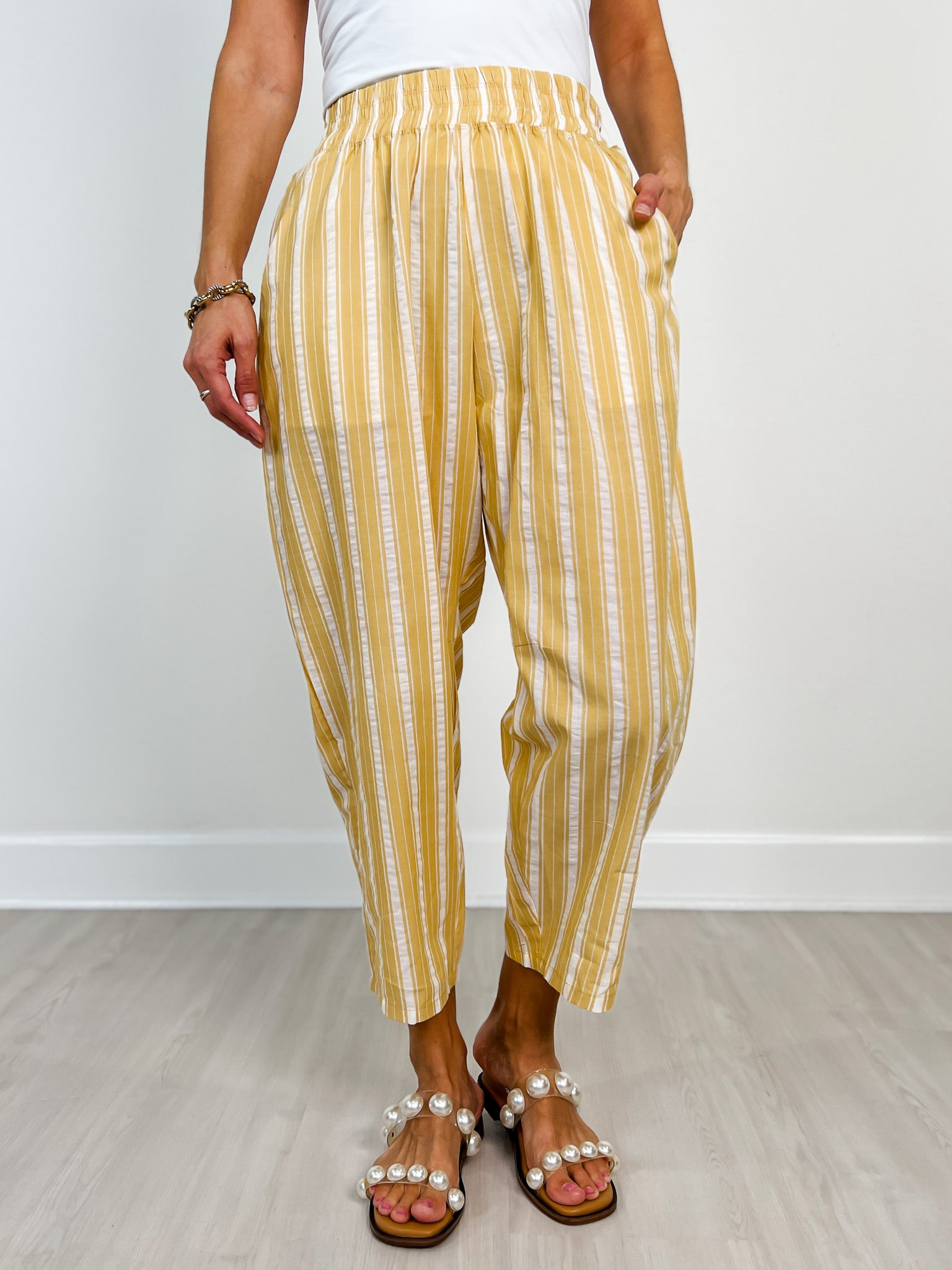 Canary Yellow Elastic Waistband Striped Pants with Gathered Hem