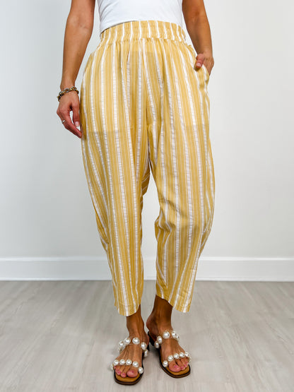 Canary Yellow Elastic Waistband Striped Pants with Gathered Hem
