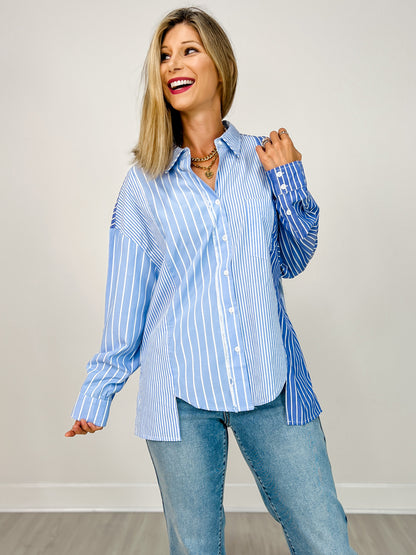Long Sleeve Two-Tone Stripe Button-Up Top