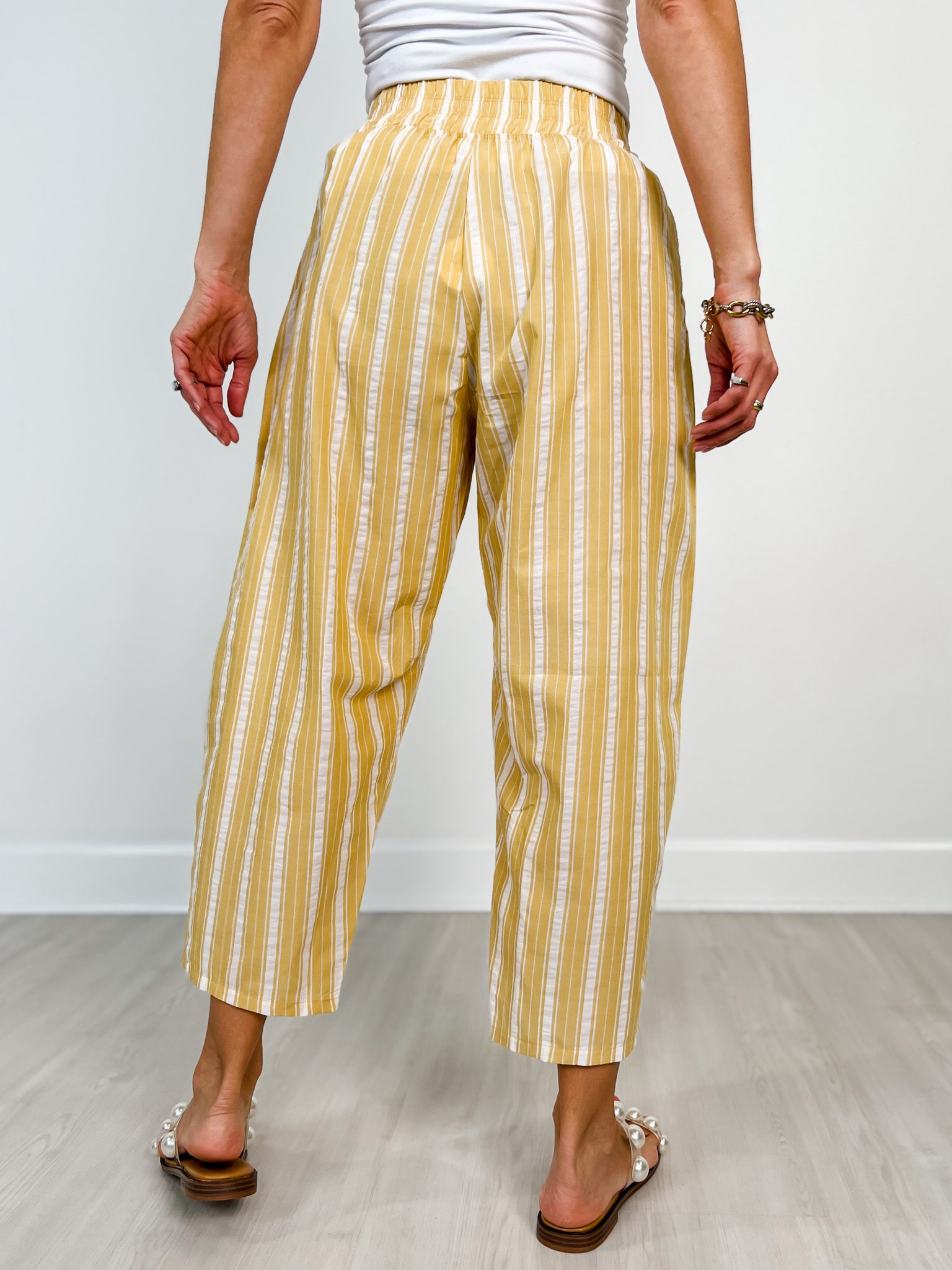 Canary Yellow Elastic Waistband Striped Pants with Gathered Hem