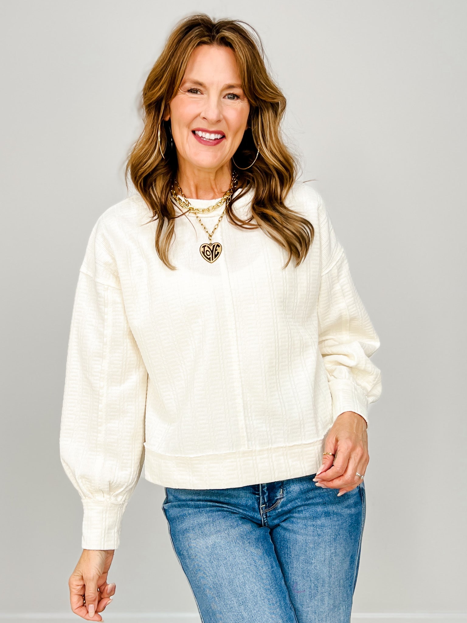Raw Edge Detail Oversized Textured Knit Top