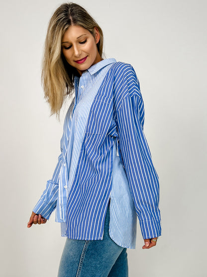 Long Sleeve Two-Tone Stripe Button-Up Top