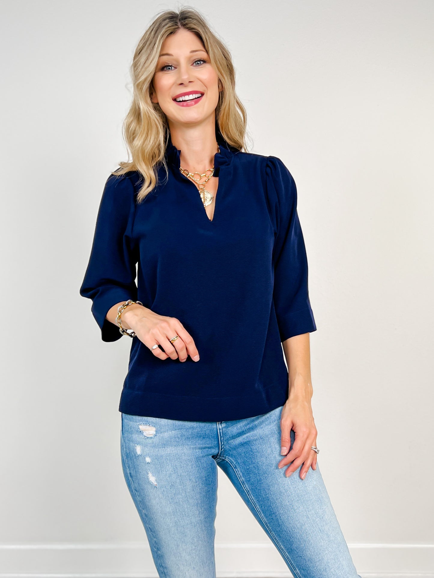 3/4 Sleeve Ruffled Neckline V-neck Top