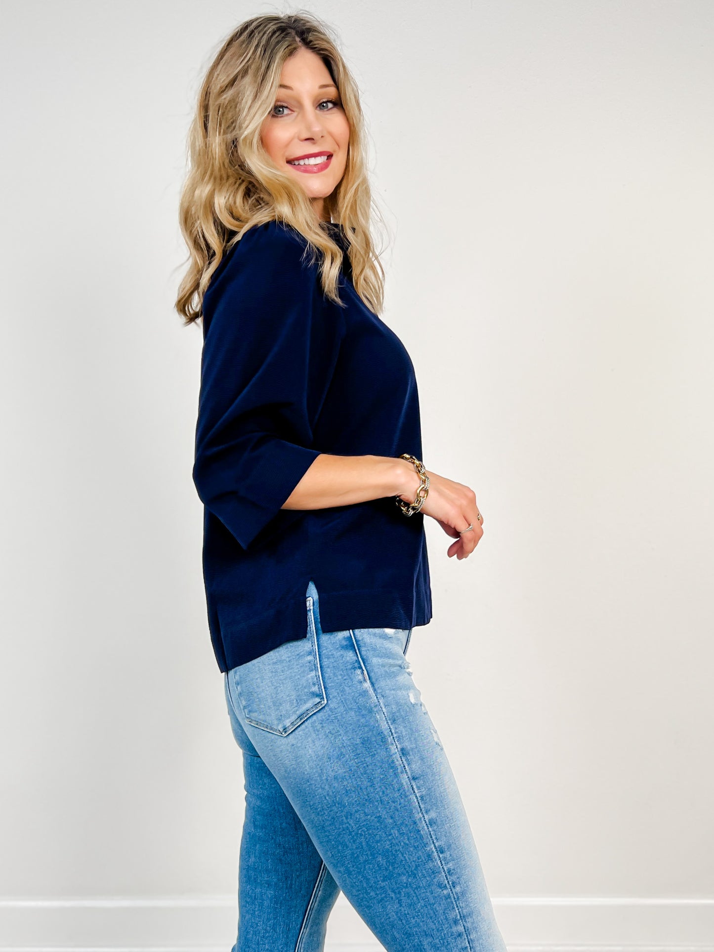 3/4 Sleeve Ruffled Neckline V-neck Top