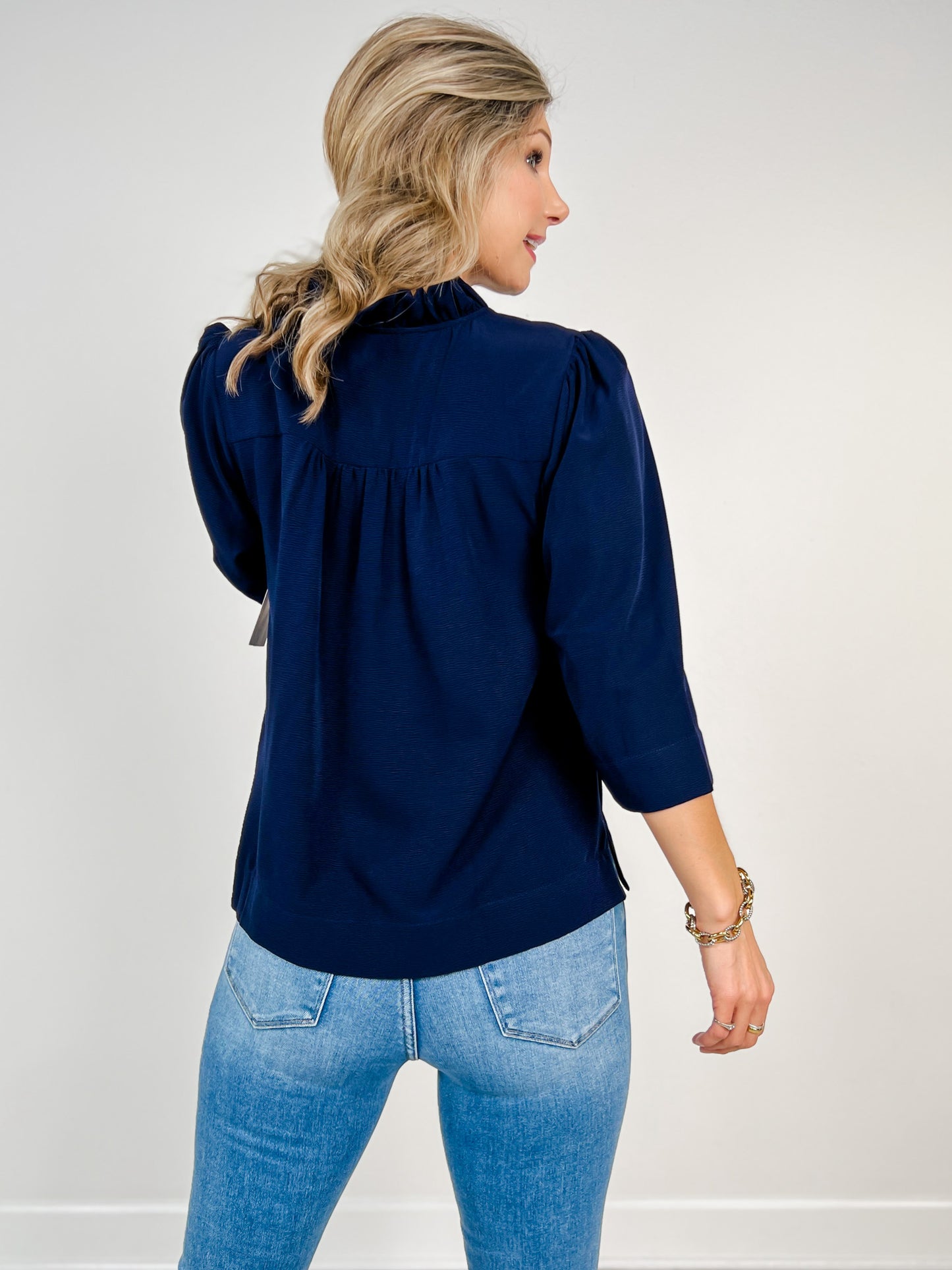 3/4 Sleeve Ruffled Neckline V-neck Top