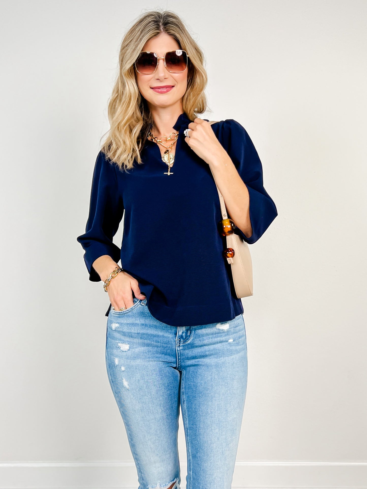 3/4 Sleeve Ruffled Neckline V-neck Top