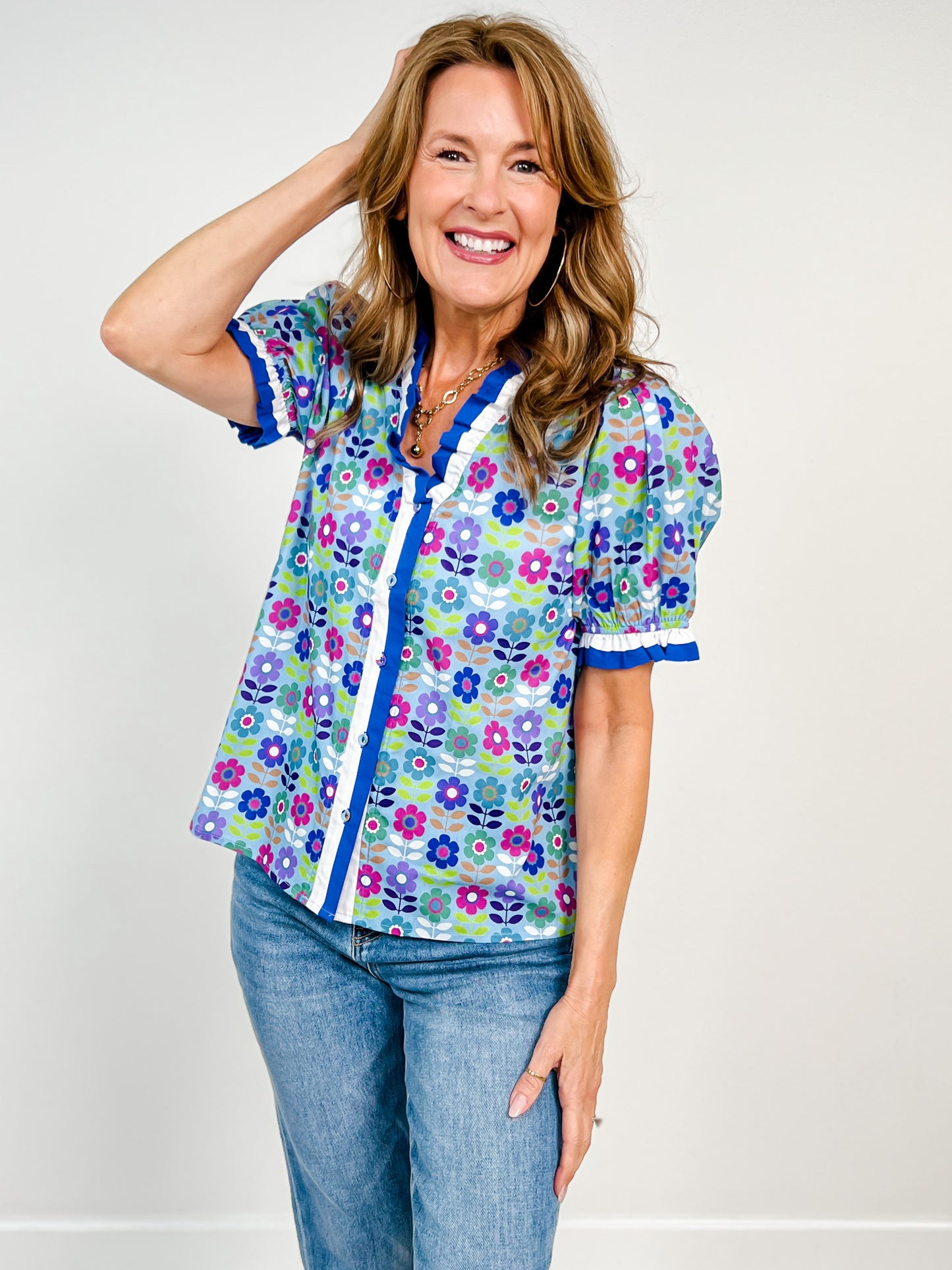 Short Puff Sleeve Button Front Floral Top