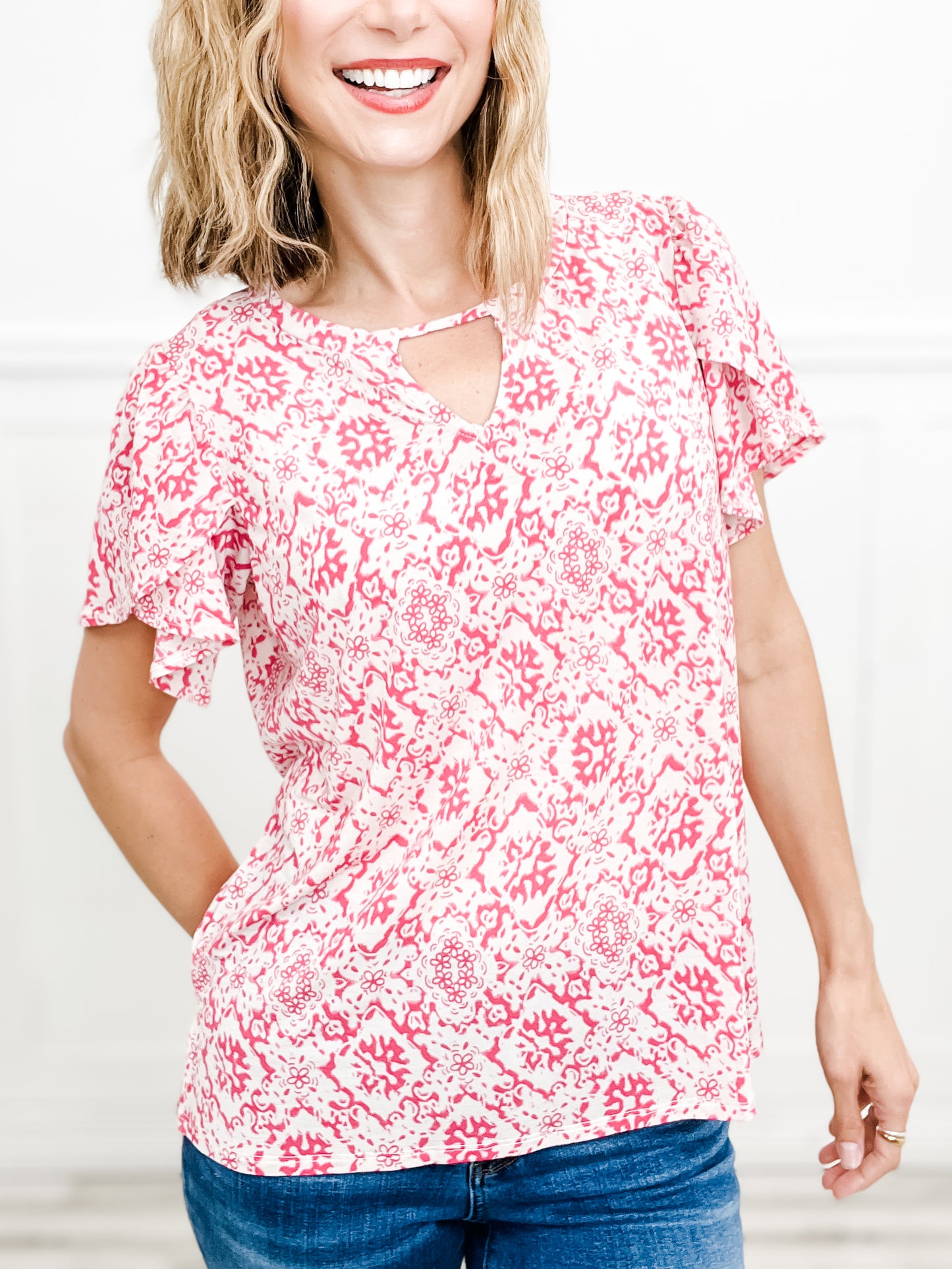 Geo Petal Short Sleeve Keyhole Top