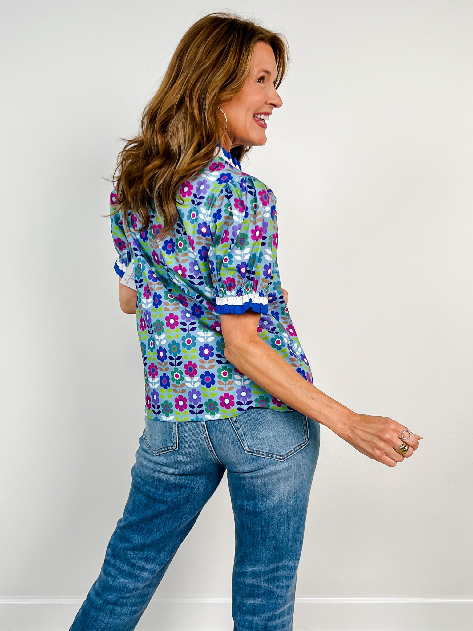 Short Puff Sleeve Button Front Floral Top