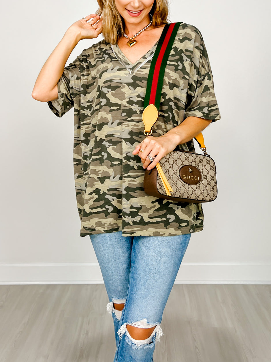 Oversized Vintage Wash Camo Short Sleeve V-Neck Top