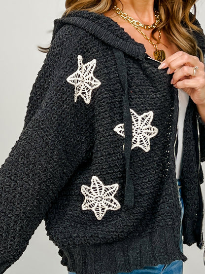 Balloon Sleeve Chenille Hoodie Flower Patch Jacket