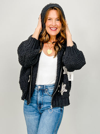 Balloon Sleeve Chenille Hoodie Flower Patch Jacket