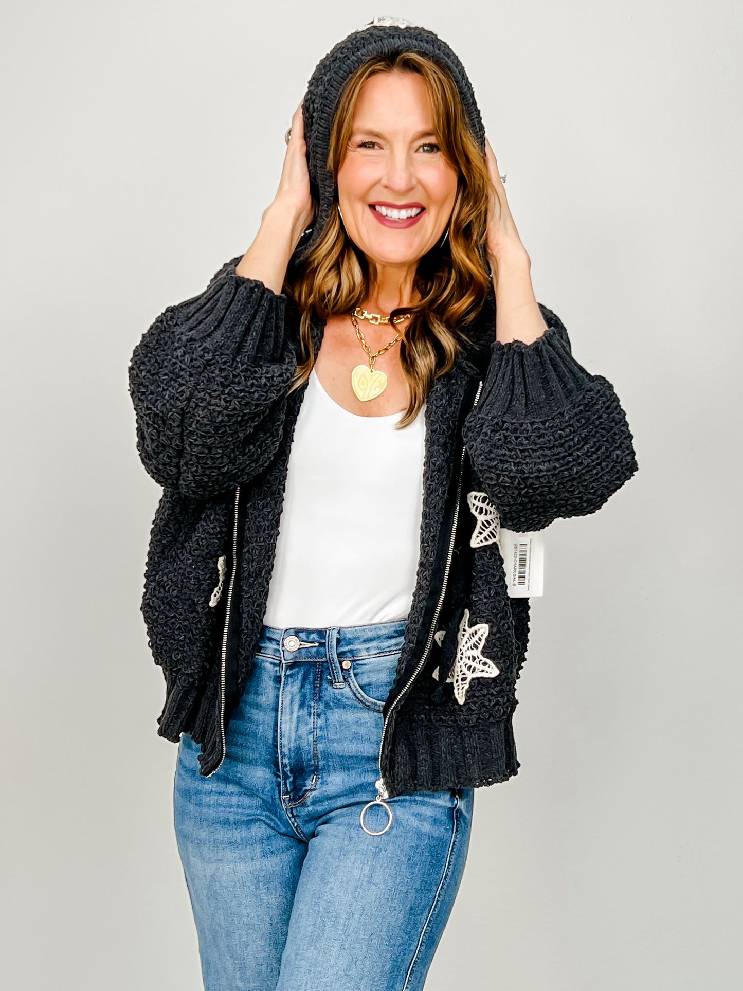 Balloon Sleeve Chenille Hoodie Flower Patch Jacket