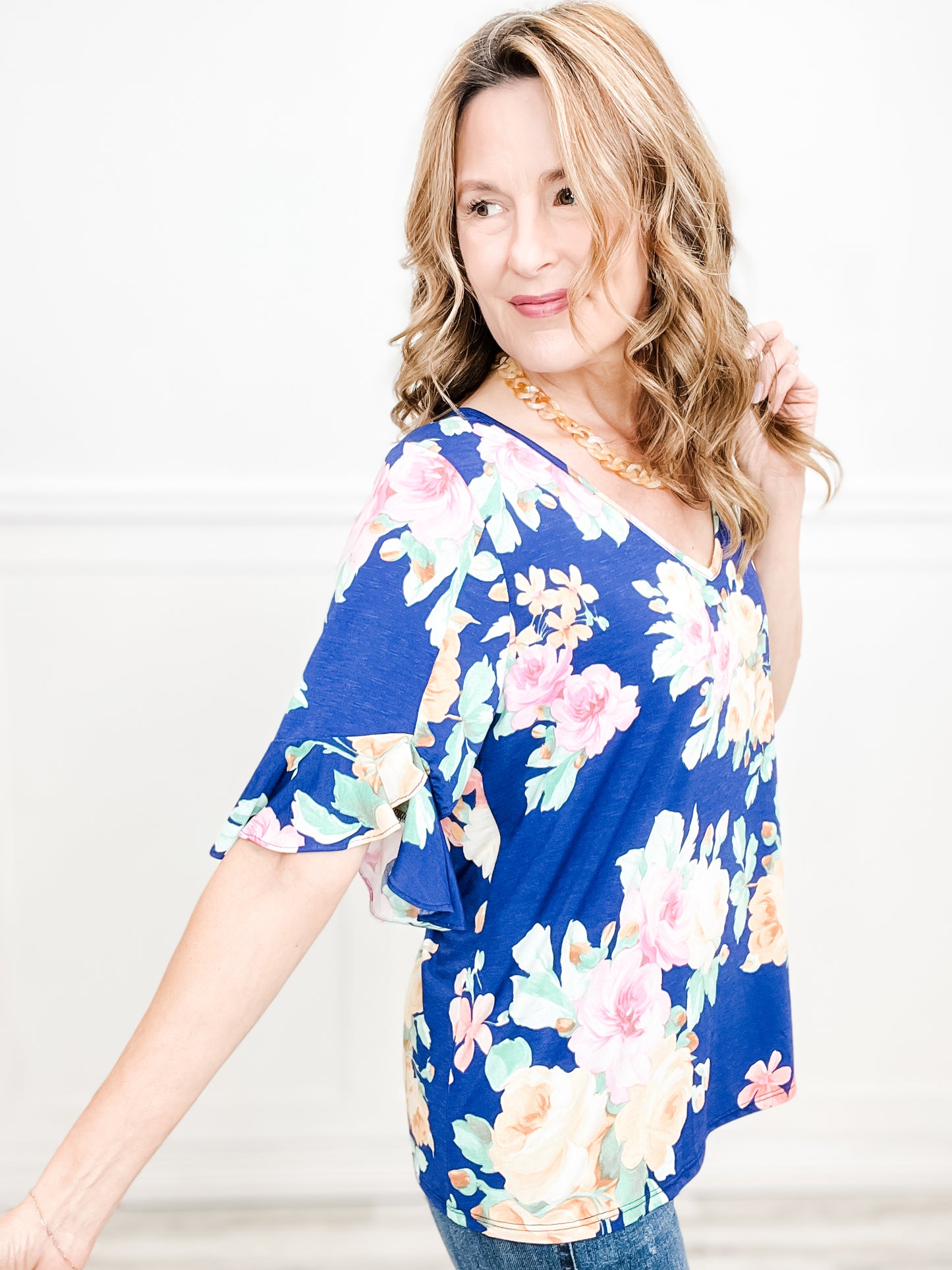 Buy Me A Rose V-Neck Elbow Ruffle Sleeve Top