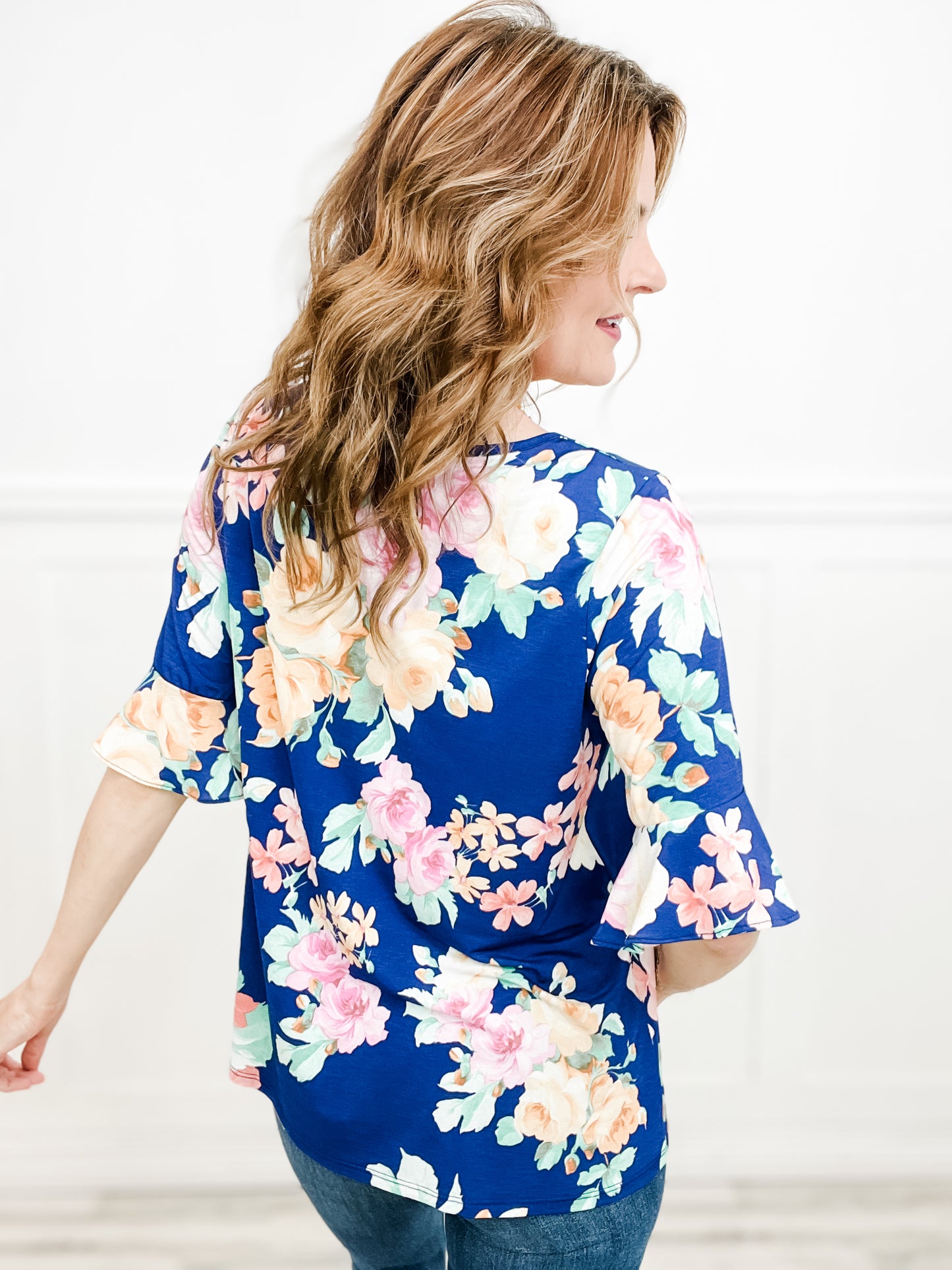 Buy Me A Rose V-Neck Elbow Ruffle Sleeve Top