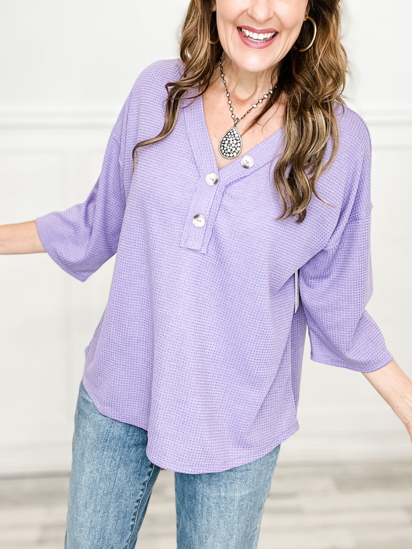 Thermal V-Neck Button Neckline Top with 3/4" Length Sleeves - Group A