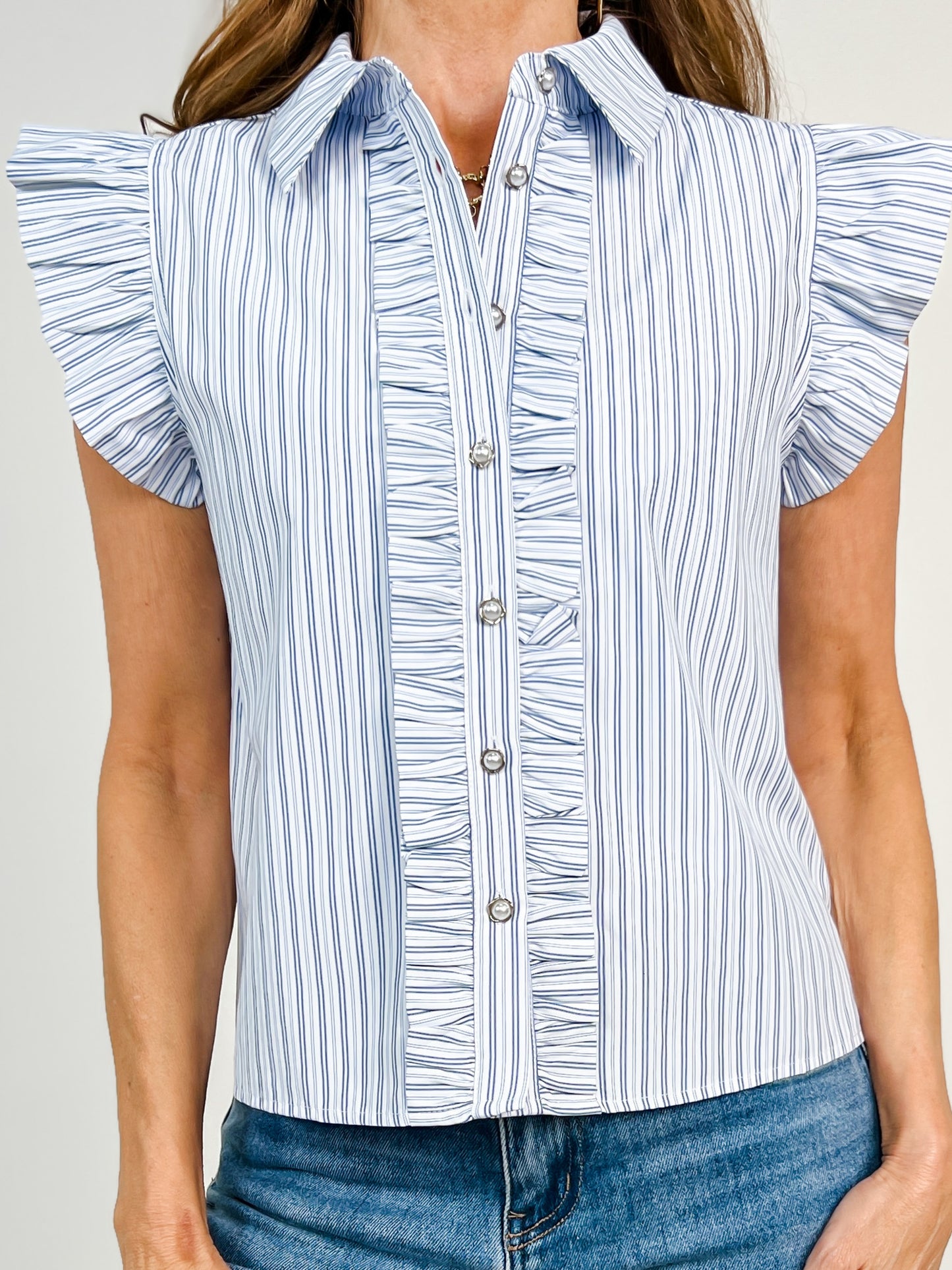 Ruffle Detail Button Down Stripe Top