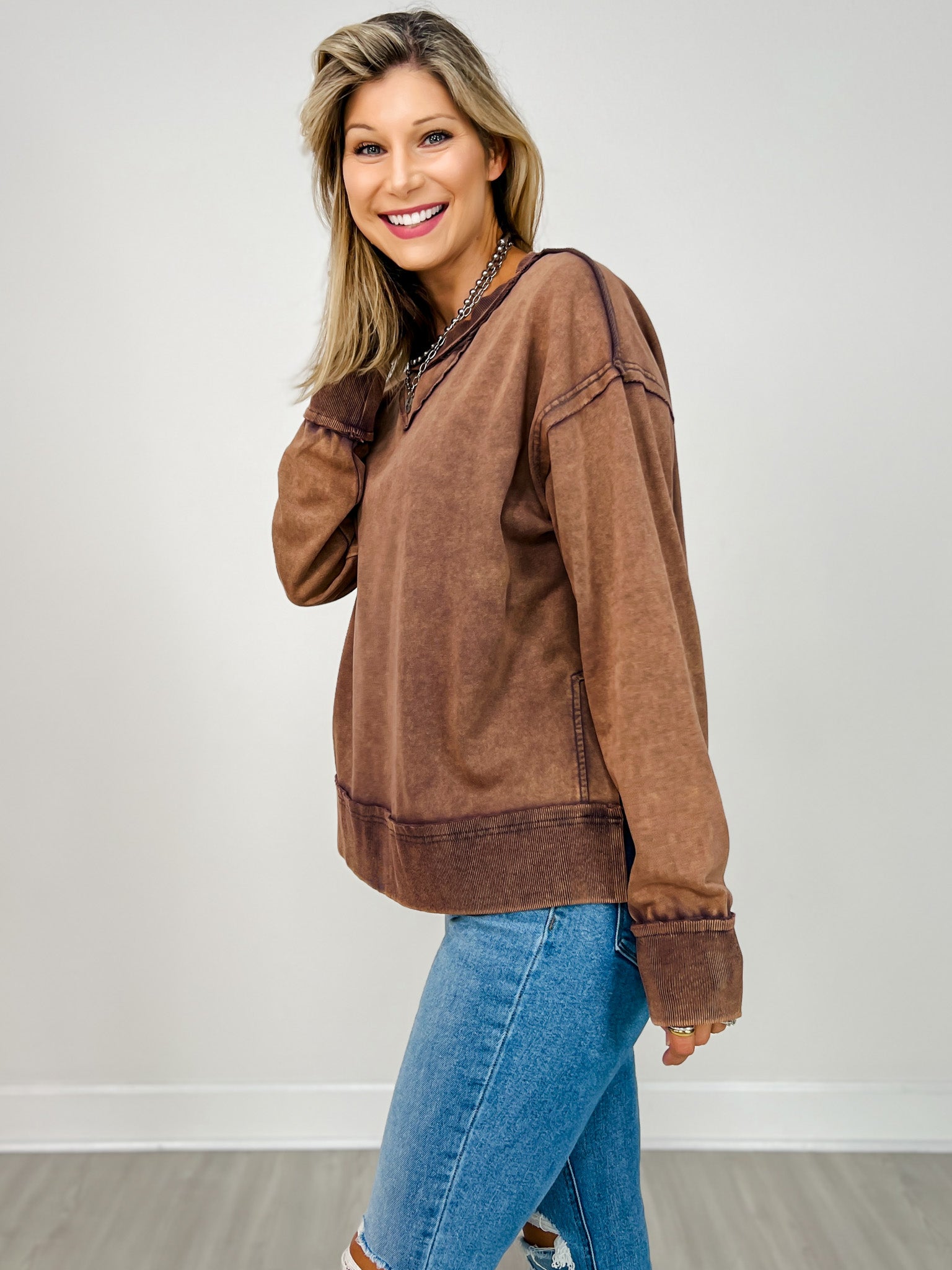 Distressed Mineral Wash Long Sleeve Top