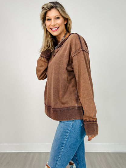 Distressed Mineral Wash Long Sleeve Top