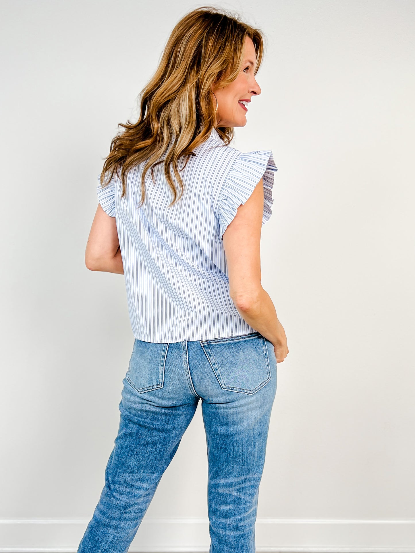 Ruffle Detail Button Down Stripe Top