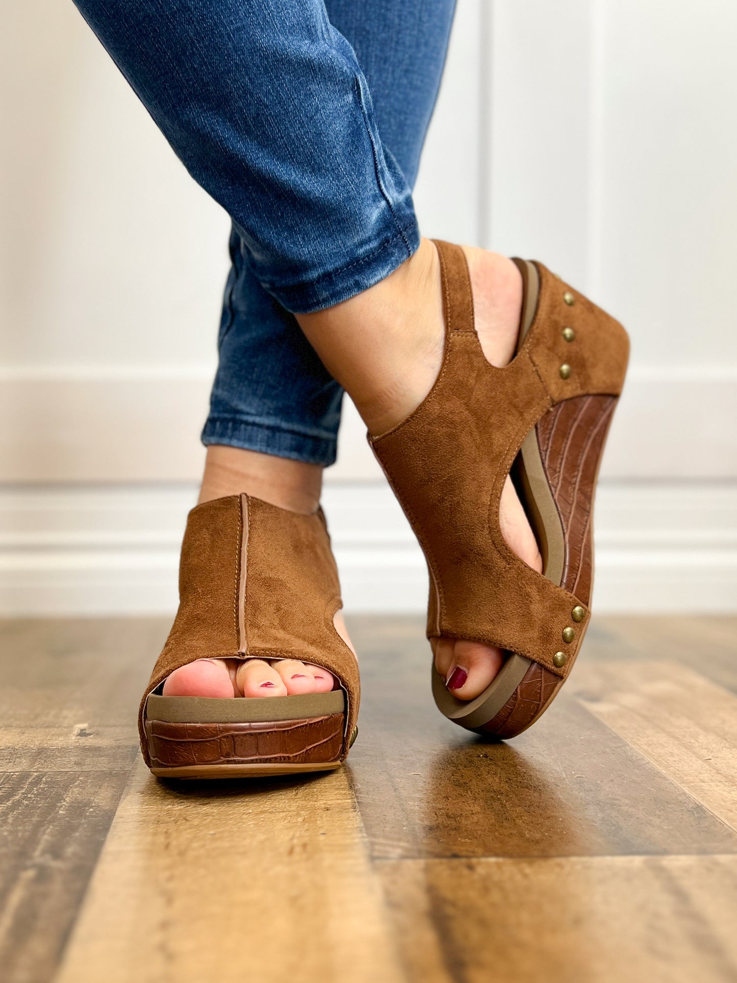 Corkys Carley Wedge Shoes in Brown Suede Croco