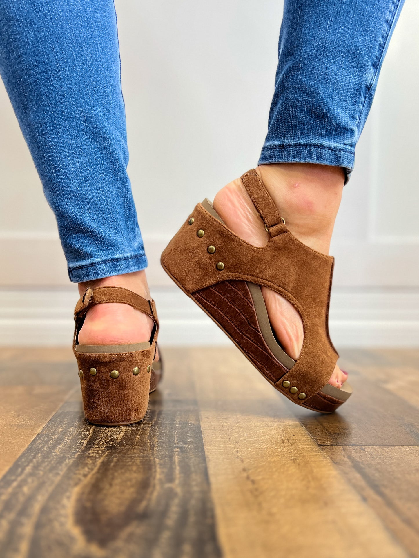 Corkys Carley Wedge Shoes in Brown Suede Croco