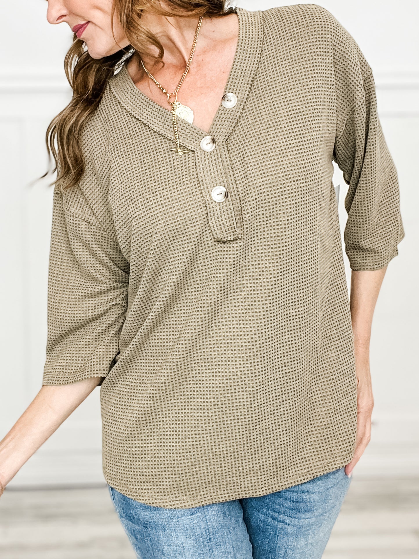 Thermal V-Neck Button Neckline Top with 3/4" Length Sleeves - Group B