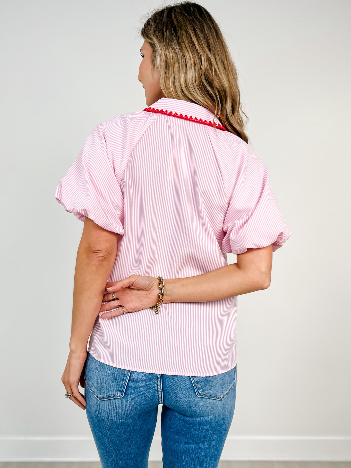 Scallop Embroidery Detail Pinstripe Top