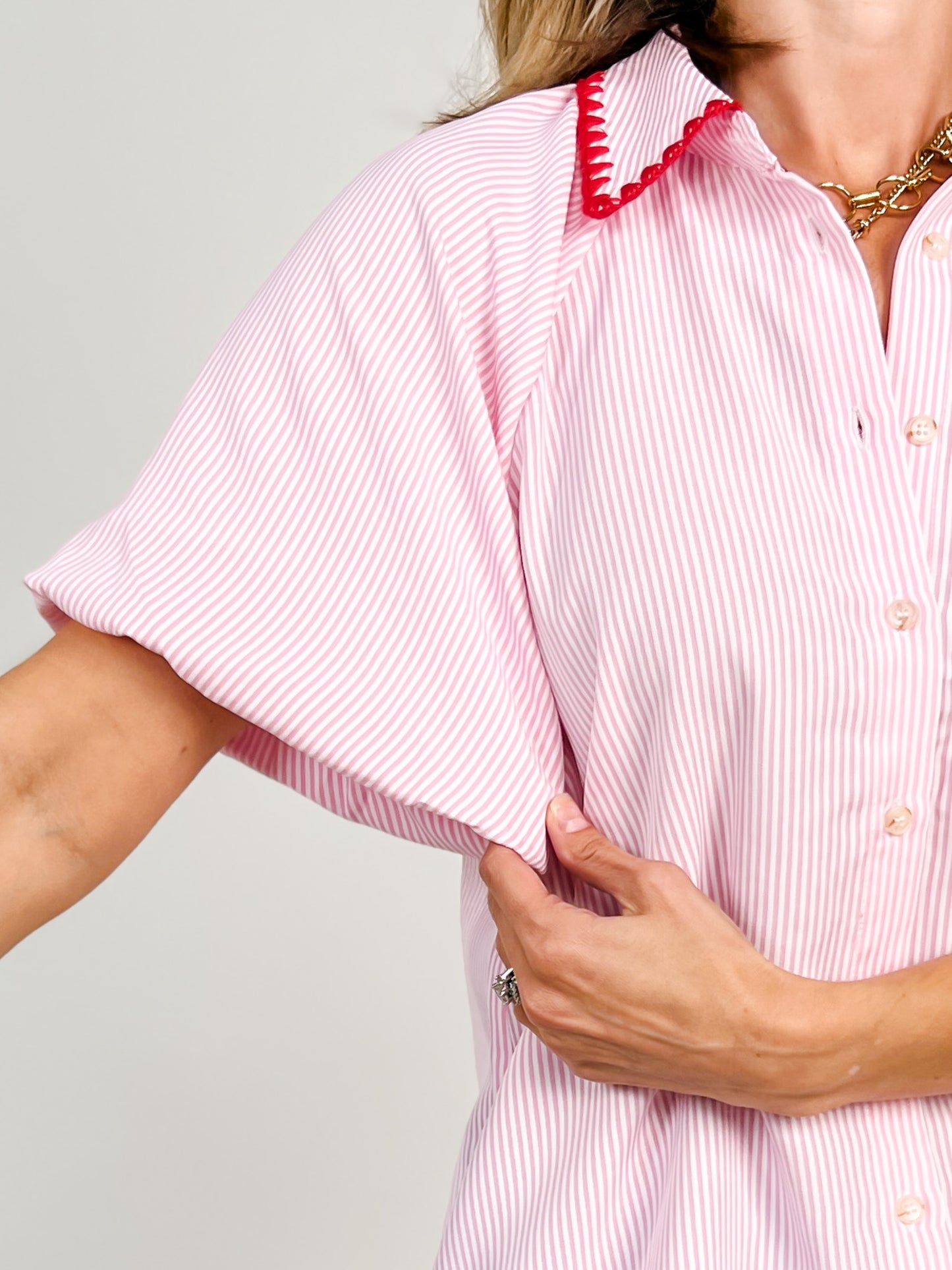 Scallop Embroidery Detail Pinstripe Top