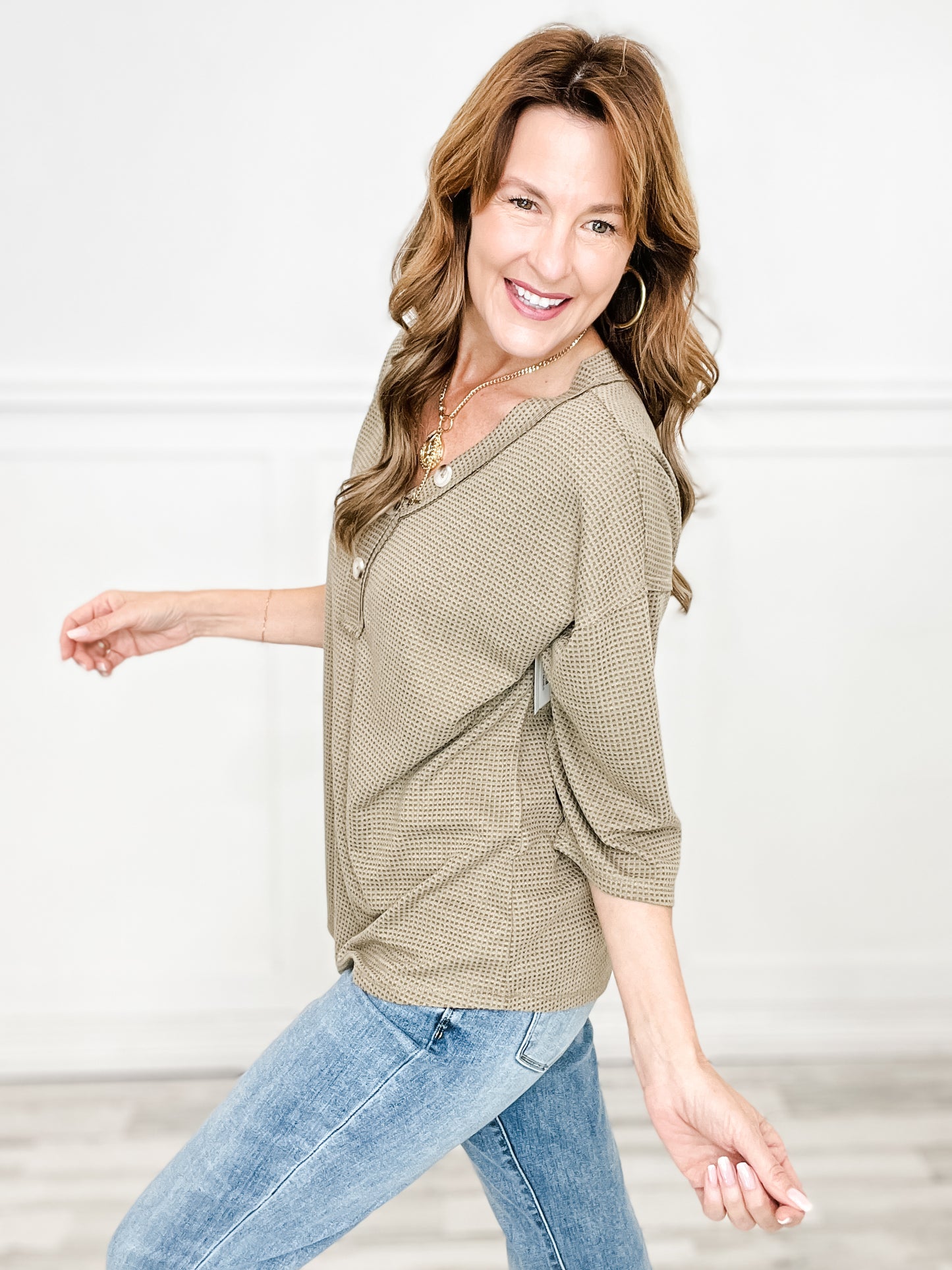 Thermal V-Neck Button Neckline Top with 3/4" Length Sleeves - Group B