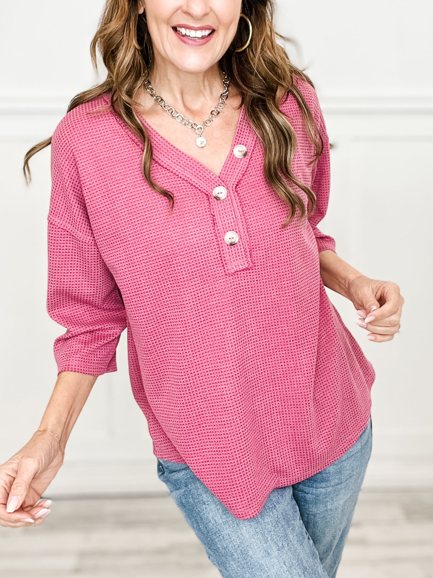 Thermal V-Neck Button Neckline Top with 3/4" Length Sleeves - PINK