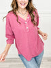 Thermal V-Neck Button Neckline Top with 3/4" Length Sleeves - PINK