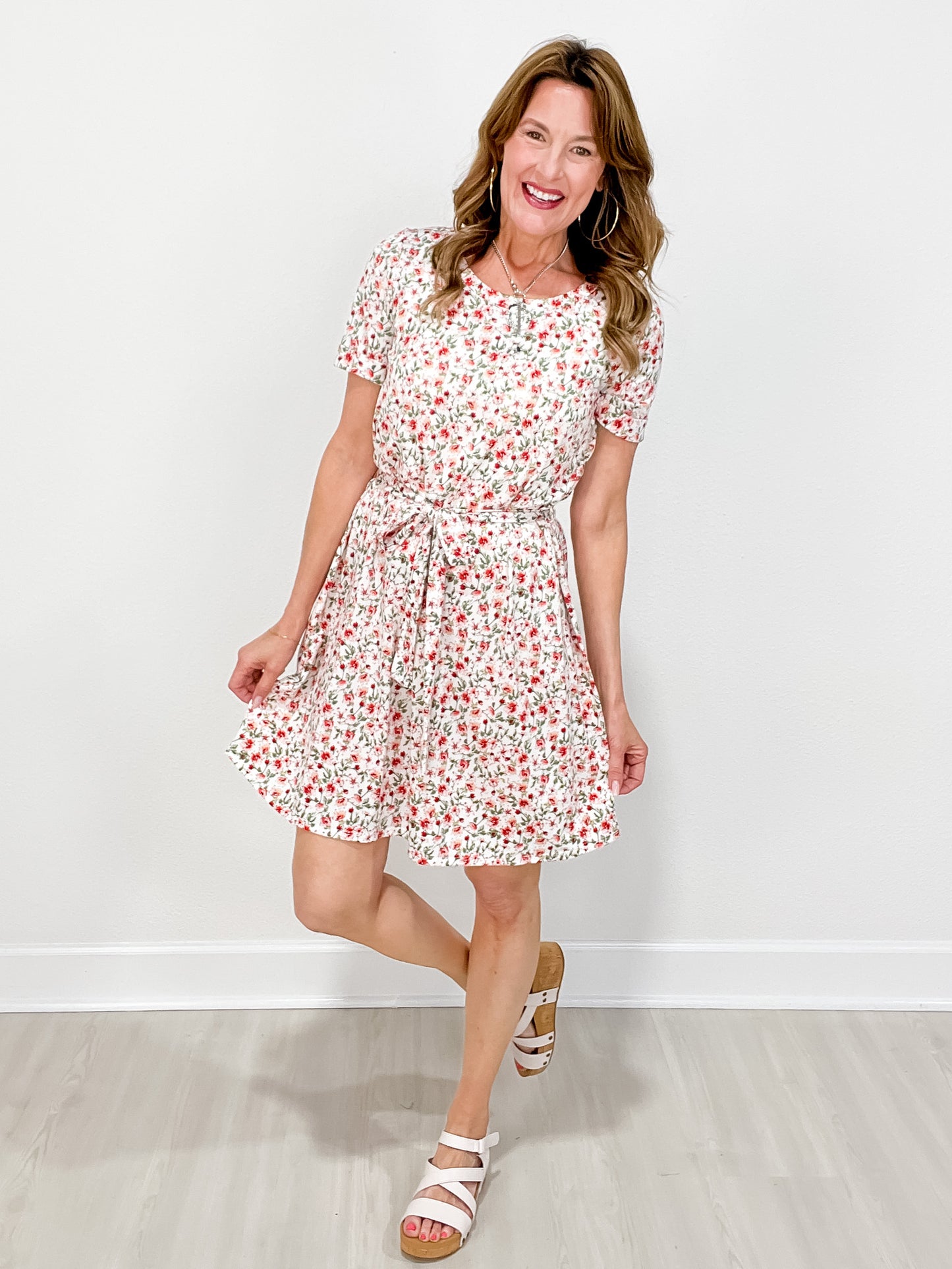 Short Sleeve Floral Print Dress with Front Tie