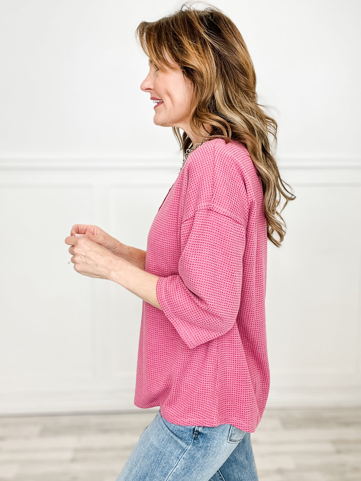 Thermal V-Neck Button Neckline Top with 3/4" Length Sleeves - PINK