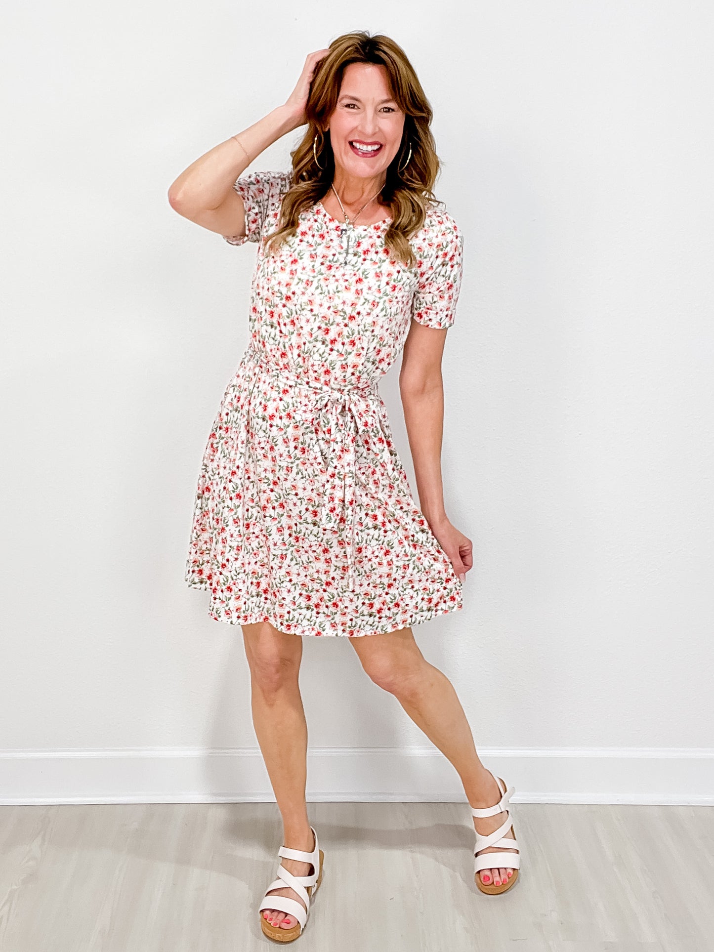 Short Sleeve Floral Print Dress with Front Tie