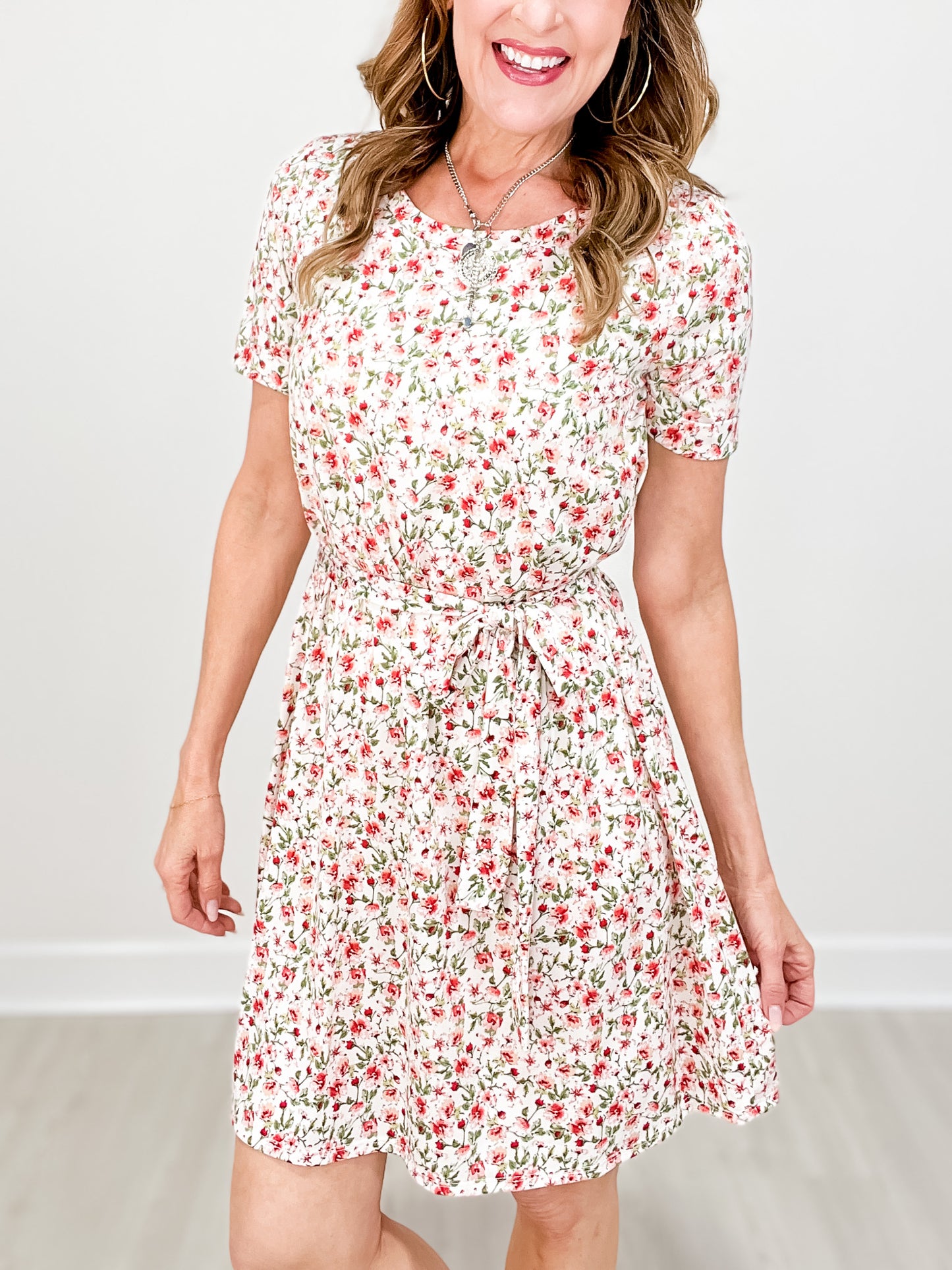 Short Sleeve Floral Print Dress with Front Tie