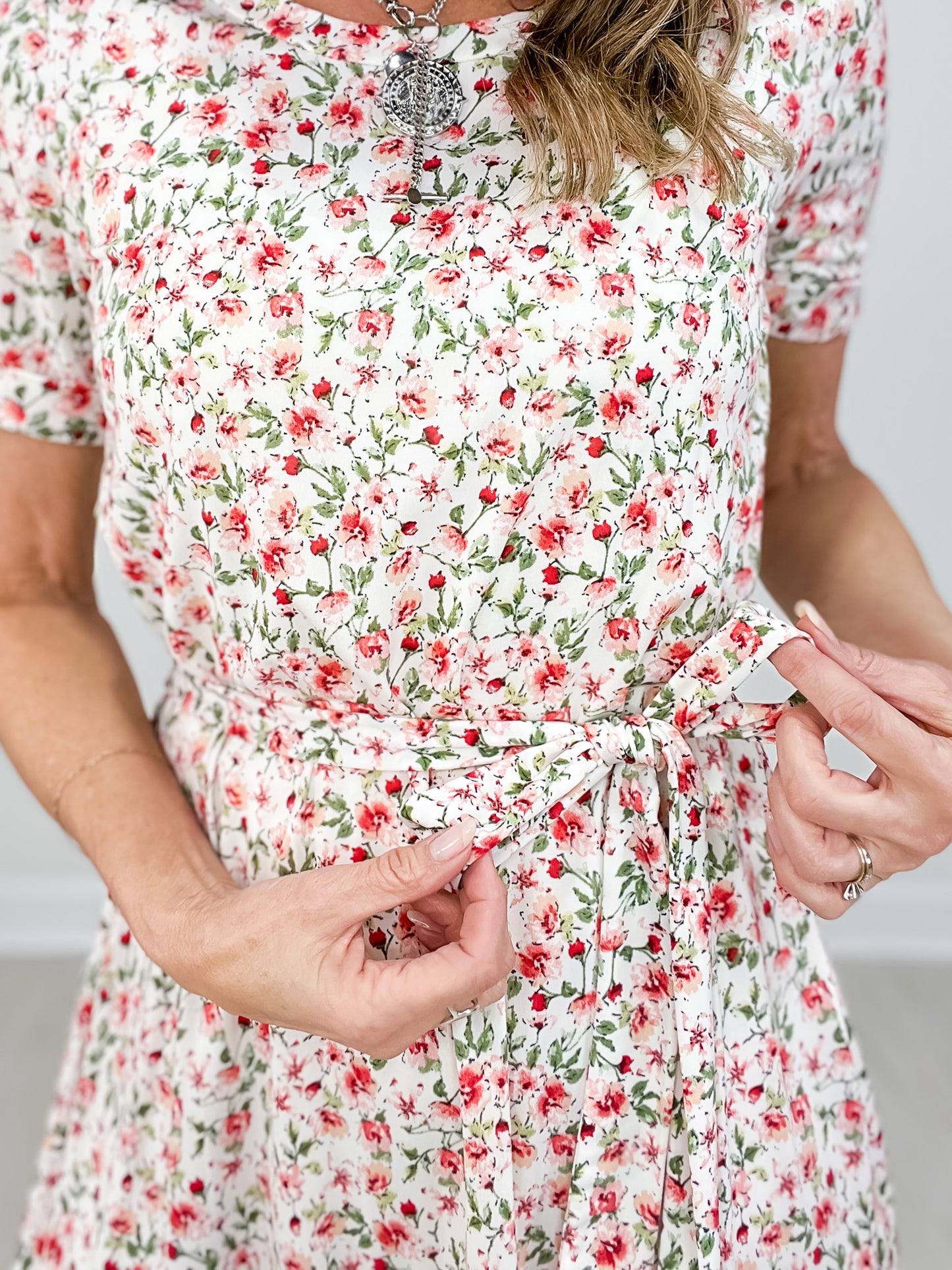 Short Sleeve Floral Print Dress with Front Tie