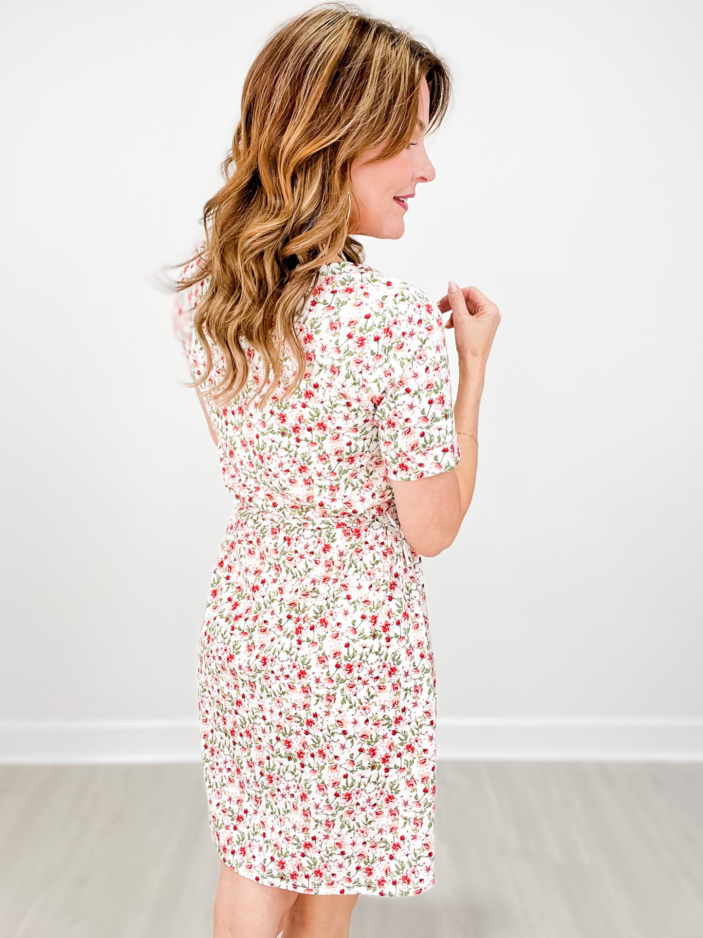 Short Sleeve Floral Print Dress with Front Tie