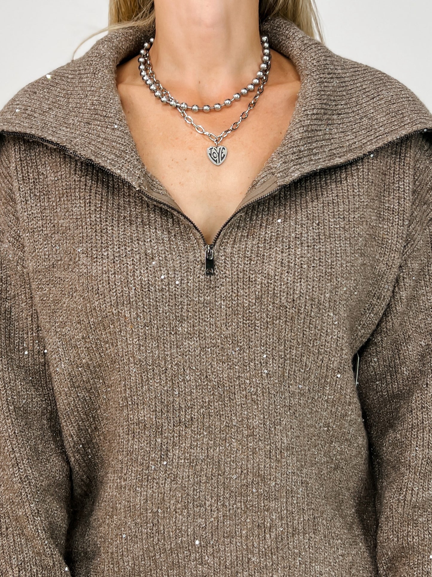 Long Sleeve Solid Knit Zip Up Collar