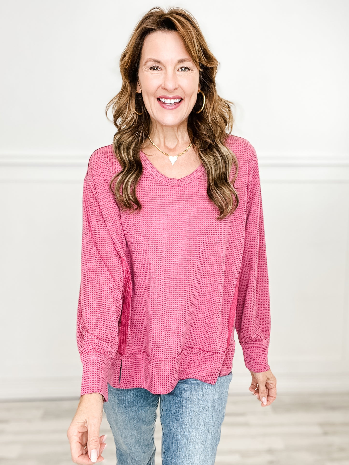 Thermal Long Sleeve Top with Banded Sleeves and Bottom - PINK