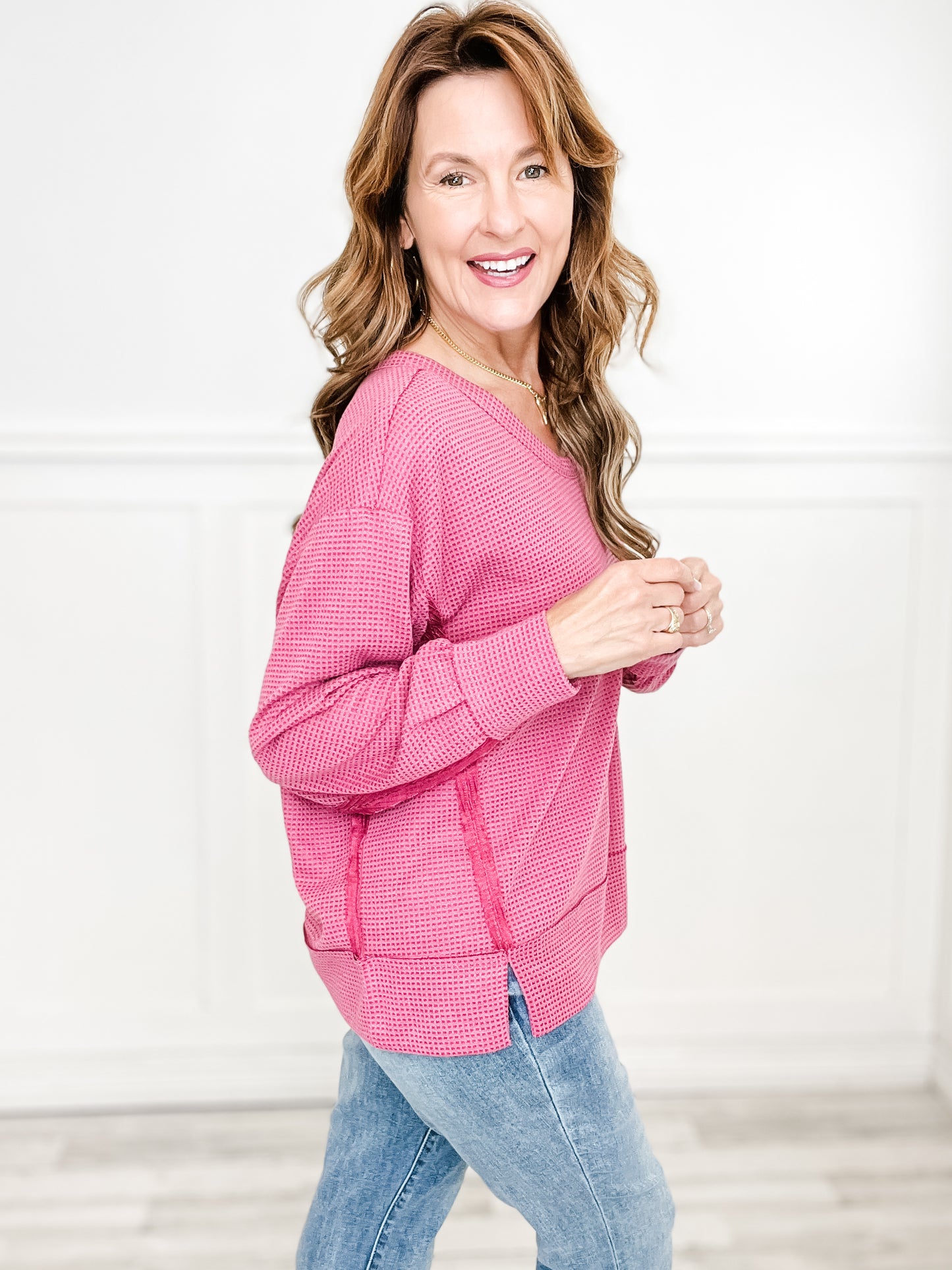 Thermal Long Sleeve Top with Banded Sleeves and Bottom - PINK